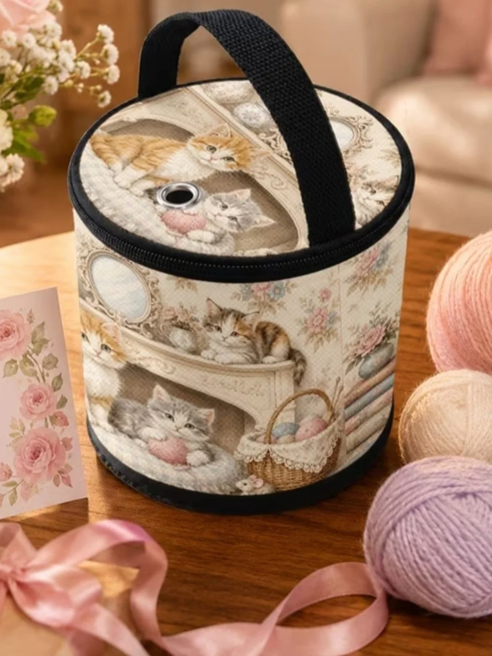Cat-Themed Yarn Keeper Tote in Cream and Black with Handle